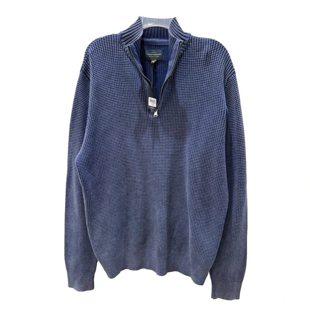 NWT Men's Lucky Brand Size XL Denim Blue Waffle Knit‎ 1/4 Zip Cotton Sweater